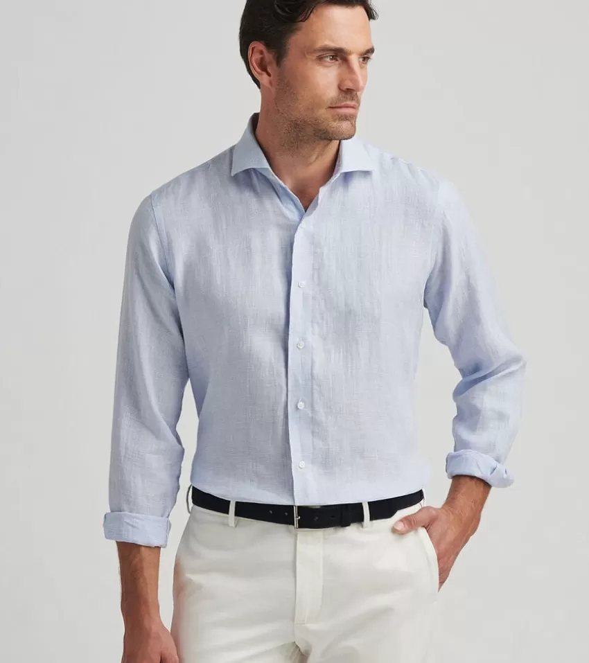 Peter Millar Sport Shirts^Astino Lino Check Sport Shirt BlueFrost